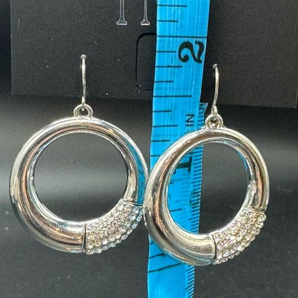 INC Silver Tone Fish Hook Dangle Ring embellished in Crystal Earrings 1.75 inch - Picture 5 of 5